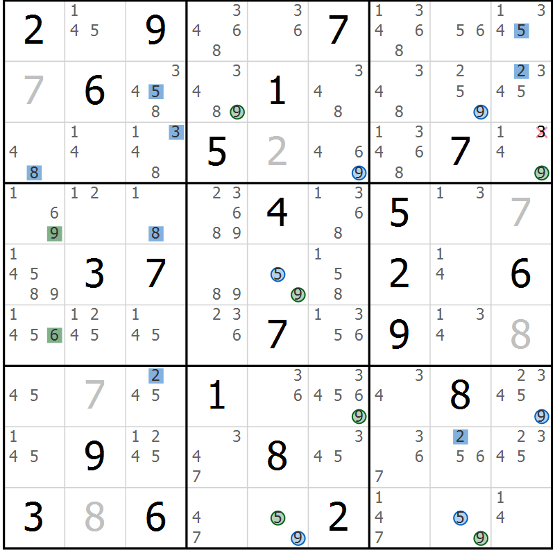 Position des candidats pour la solution de la Gr 26 page 29 du magazine de sudoku Suprême n° 031