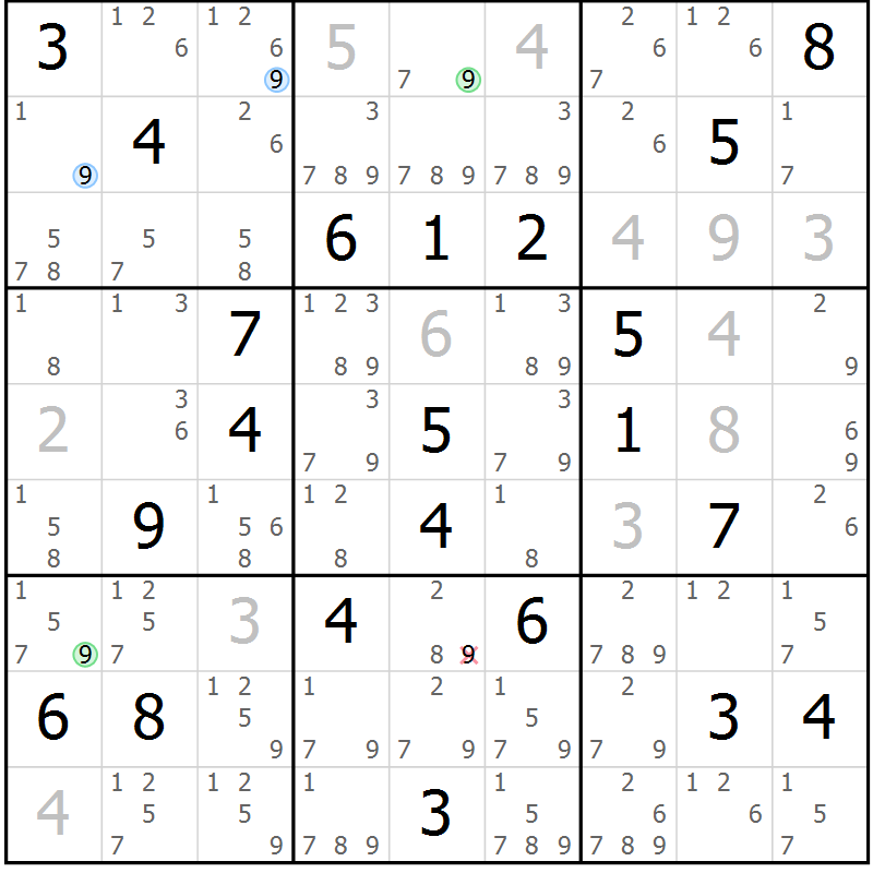 Position des candidats pour la solution de la Gr 28 page 31 du magazine de sudoku Suprême n° 031