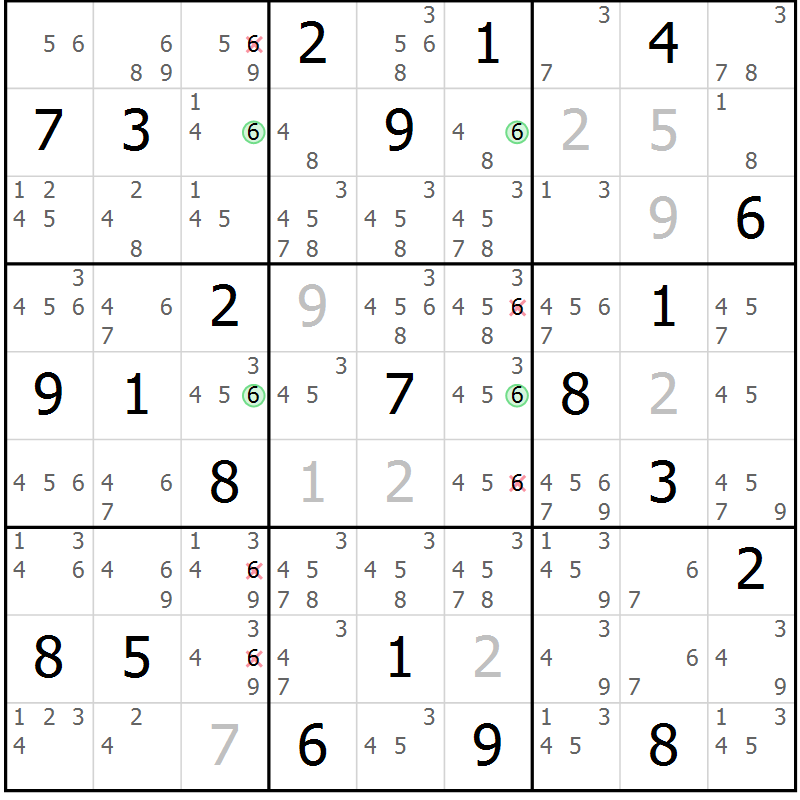 Position des candidats pour la solution de la Gr 3 page 6 du magazine de sudoku Suprême n° 031