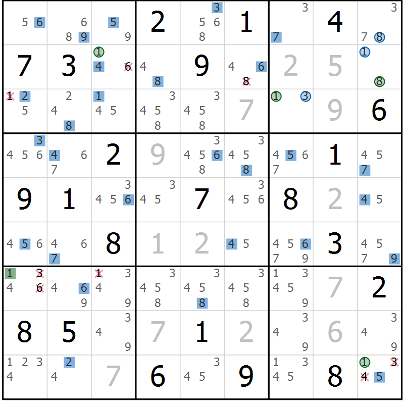 Position des candidats pour la solution de la Gr 3 page 6 du magazine de sudoku Suprême n° 031