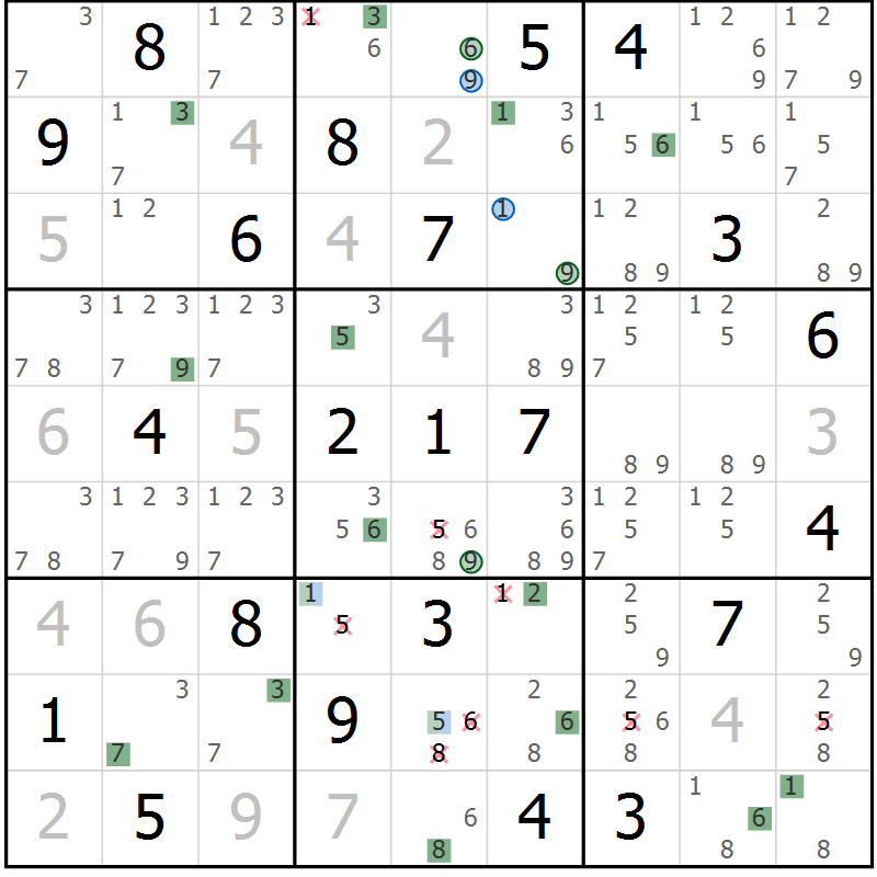 Position des candidats pour la solution de la Gr 30 page 33 du magazine de sudoku Suprême n° 031