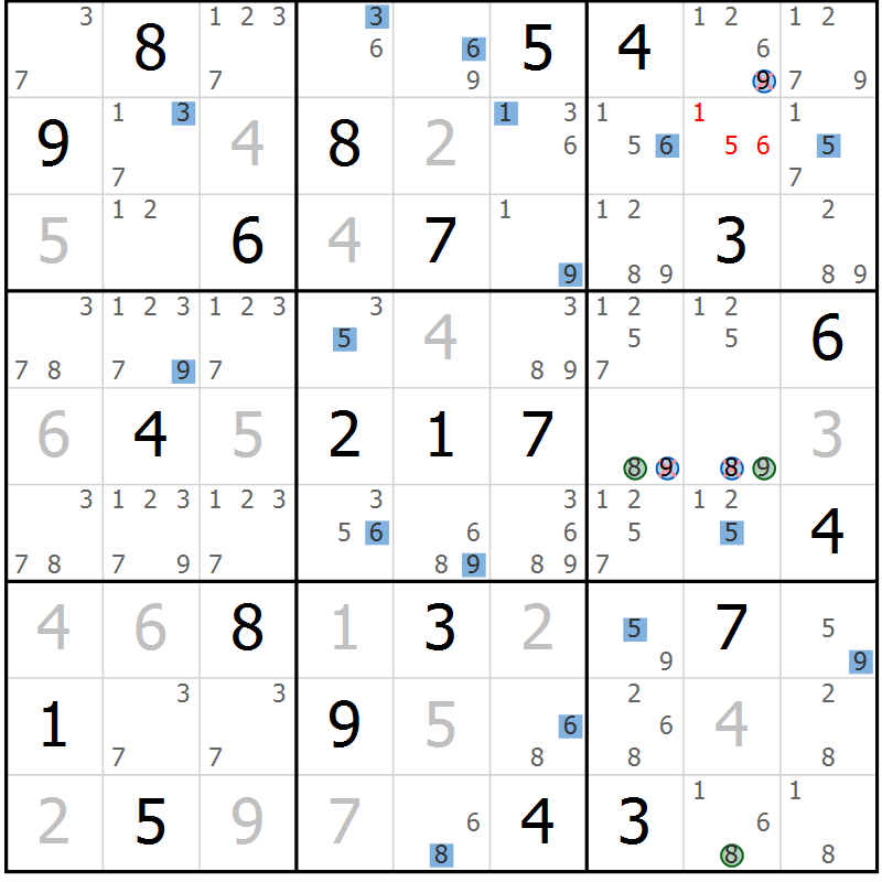 Position des candidats pour la solution de la Gr 30 page 33 du magazine de sudoku Suprême n° 031