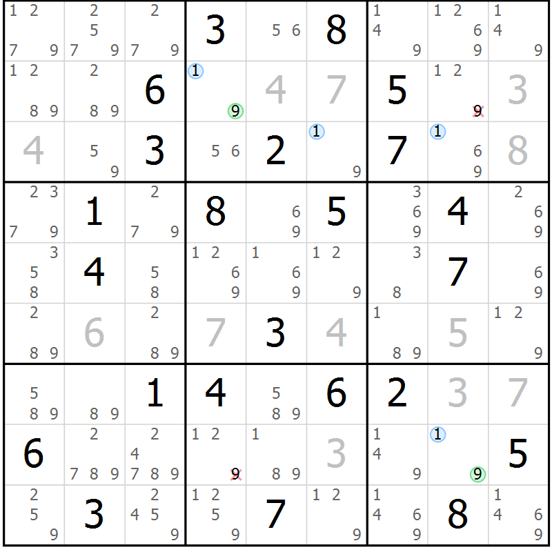Position des candidats pour la solution de la Gr 33 page 36 du magazine de sudoku Suprême n° 031