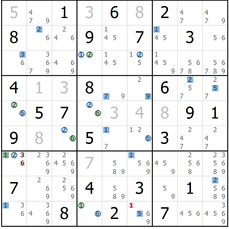 Position des candidats pour la solution de la Gr 39 page 42 du magazine de sudoku Suprême n° 031