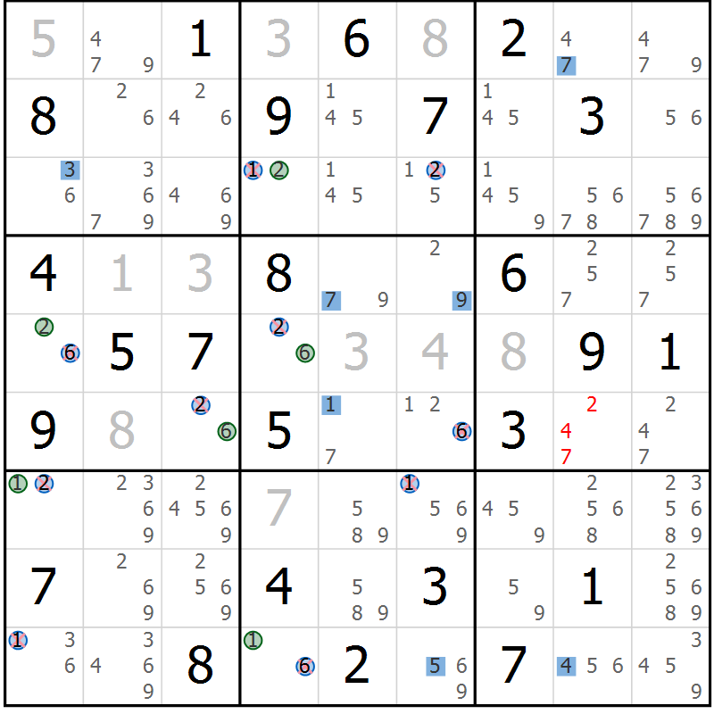 Position des candidats pour la solution de la Gr 39 page 42 du magazine de sudoku Suprême n° 031