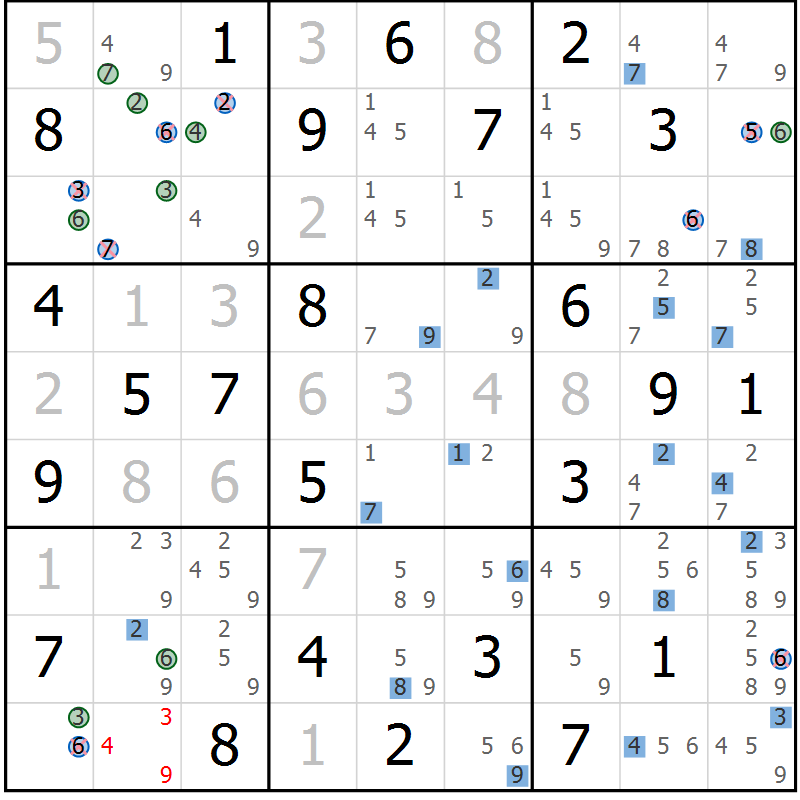 Position des candidats pour la solution de la Gr 39 page 42 du magazine de sudoku Suprême n° 031