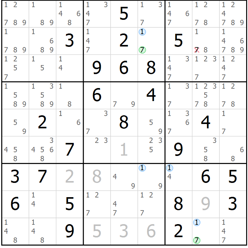 Position des candidats pour la solution de la Gr 40 page 43 du magazine de sudoku Suprême n° 031