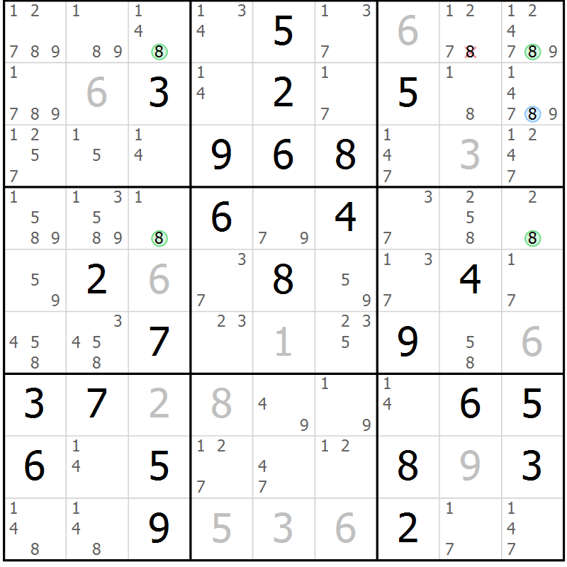 Position des candidats pour la solution de la Gr 40 page 43 du magazine de sudoku Suprême n° 031