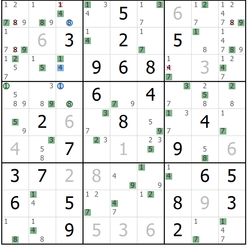 Position des candidats pour la solution de la Gr 40 page 43 du magazine de sudoku Suprême n° 031