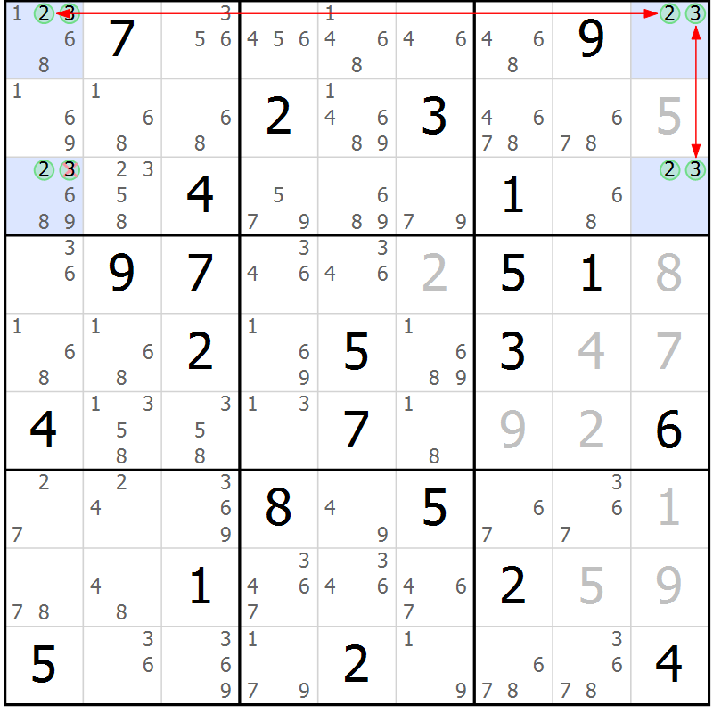 Position des candidats pour la solution de la Gr 42 page 45 du magazine de sudoku Suprême n° 031