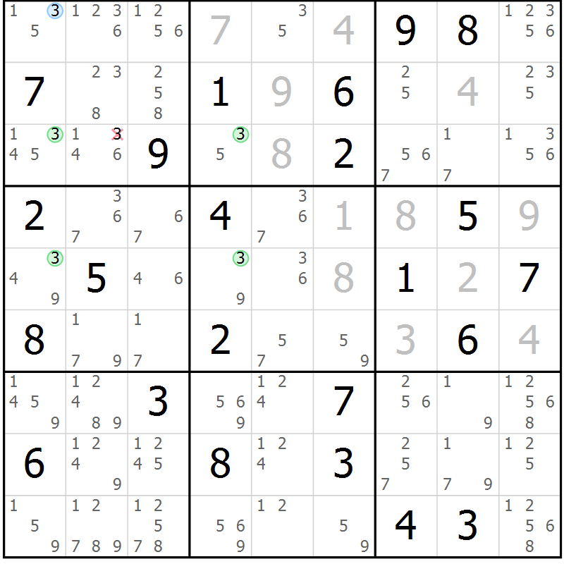 Position des candidats pour la solution de la Gr 43 page 46 du magazine de sudoku Suprême n° 031