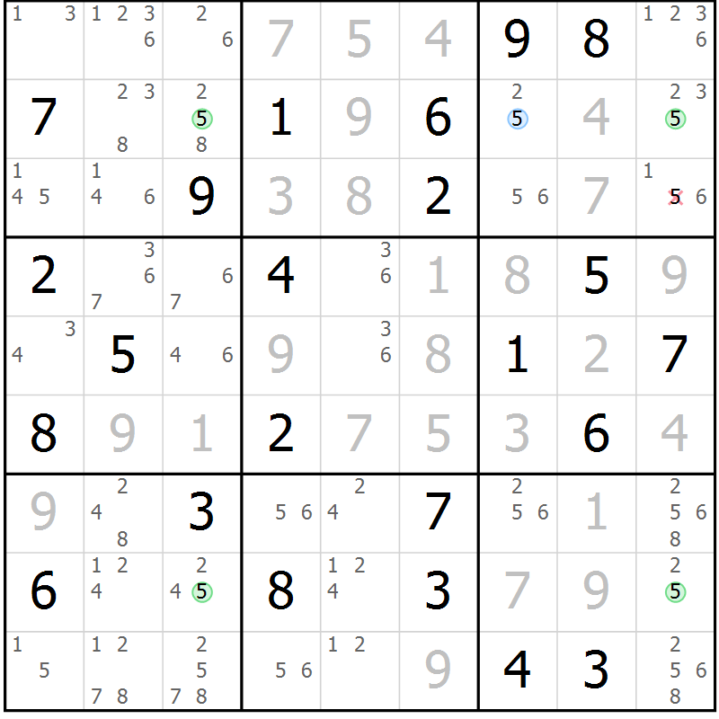 Position des candidats pour la solution de la Gr 43 page 46 du magazine de sudoku Suprême n° 031