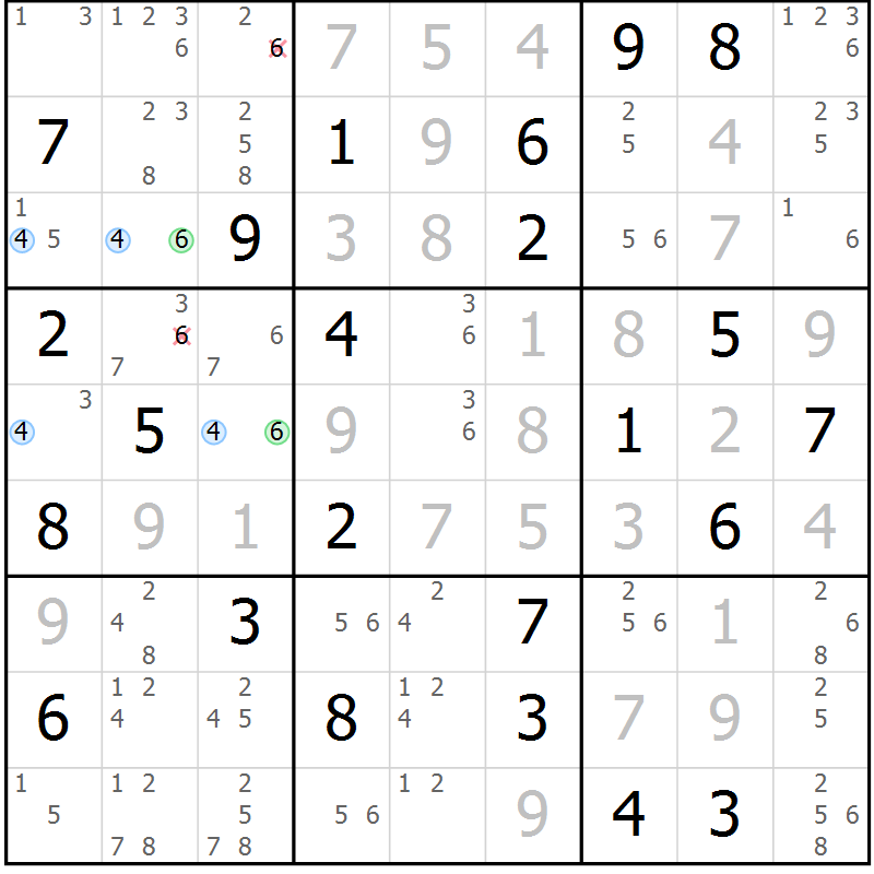 Position des candidats pour la solution de la Gr 43 page 46 du magazine de sudoku Suprême n° 031