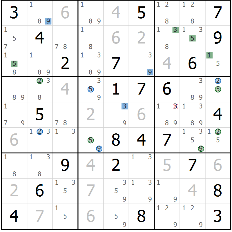 Position des candidats pour la solution de la Gr 45 page 48 du magazine de sudoku Suprême n° 031