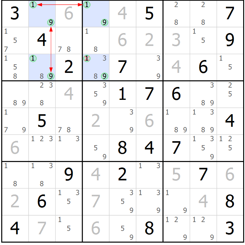 Position des candidats pour la solution de la Gr 45 page 48 du magazine de sudoku Suprême n° 031