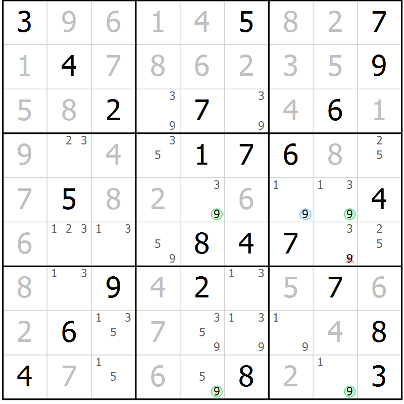 Position des candidats pour la solution de la Gr 45 page 48 du magazine de sudoku Suprême n° 031