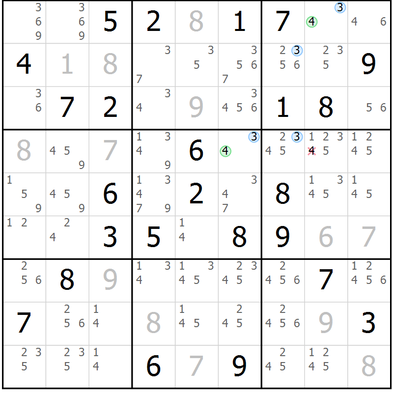 Position des candidats pour la solution de la Gr 49 page 52 du magazine de sudoku Suprême n° 031