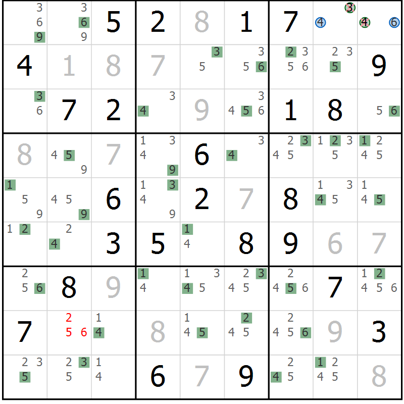 Position des candidats pour la solution de la Gr 49 page 52 du magazine de sudoku Suprême n° 031