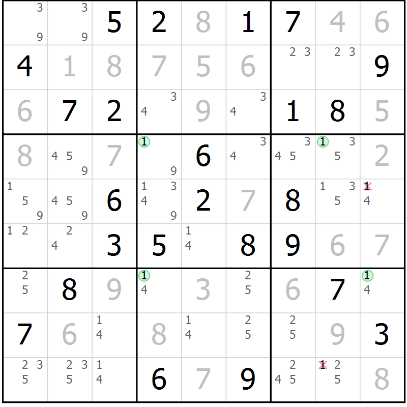 Position des candidats pour la solution de la Gr 49 page 52 du magazine de sudoku Suprême n° 031
