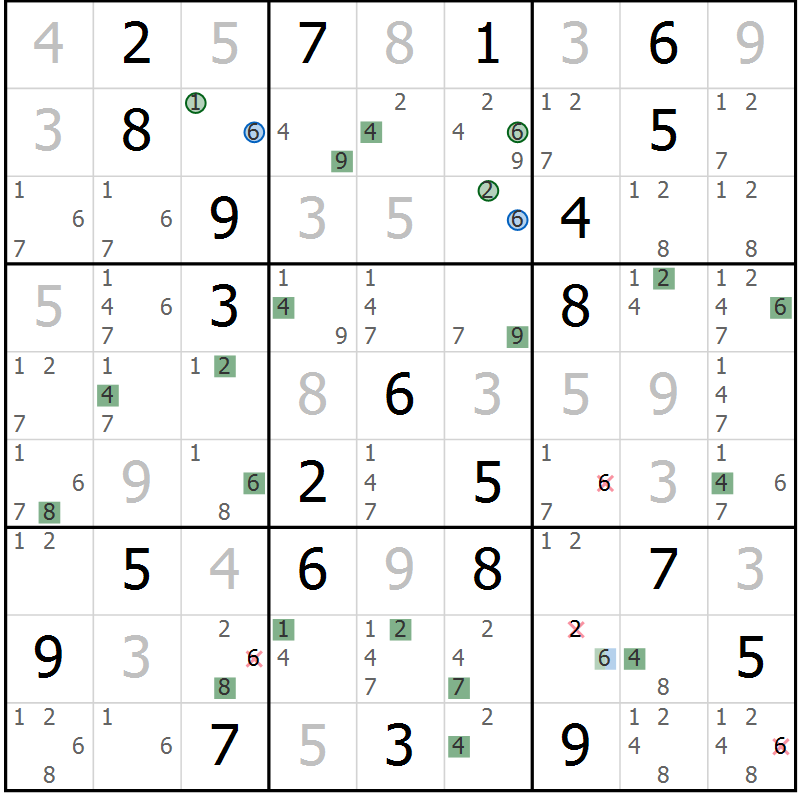 Position des candidats pour la solution de la Gr 5 page 8 du magazine de sudoku Suprême n° 031
