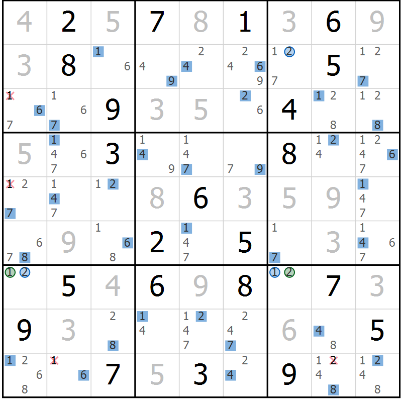Position des candidats pour la solution de la Gr 5 page 8 du magazine de sudoku Suprême n° 031