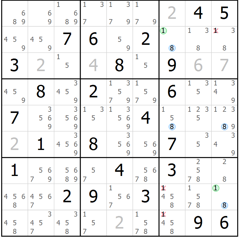 Position des candidats pour la solution de la Gr 57 page 60 du magazine de sudoku Suprême n° 031