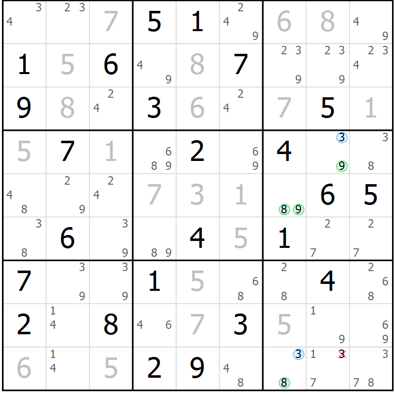 Position des candidats pour la solution de la Gr 58 page 61 du magazine de sudoku Suprême n° 031