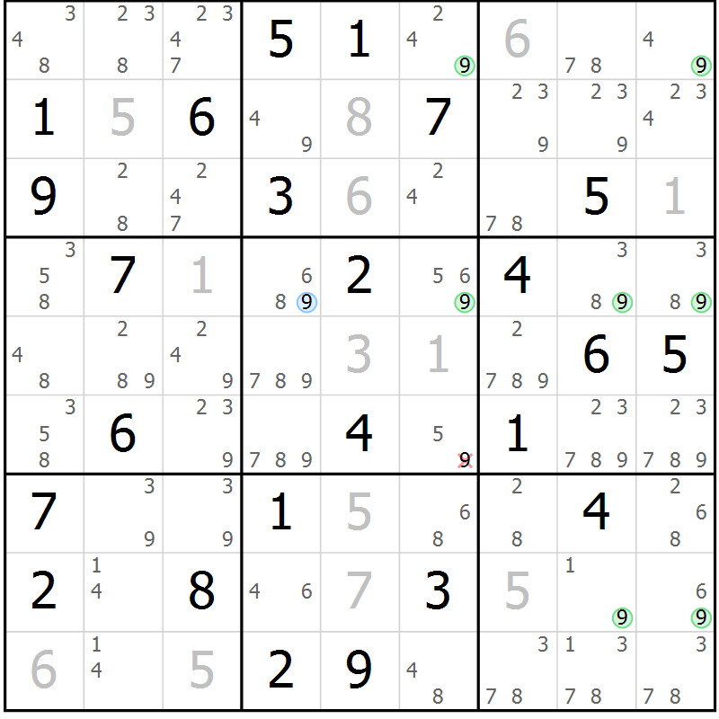 Position des candidats pour la solution de la Gr 58 page 61 du magazine de sudoku Suprême n° 031