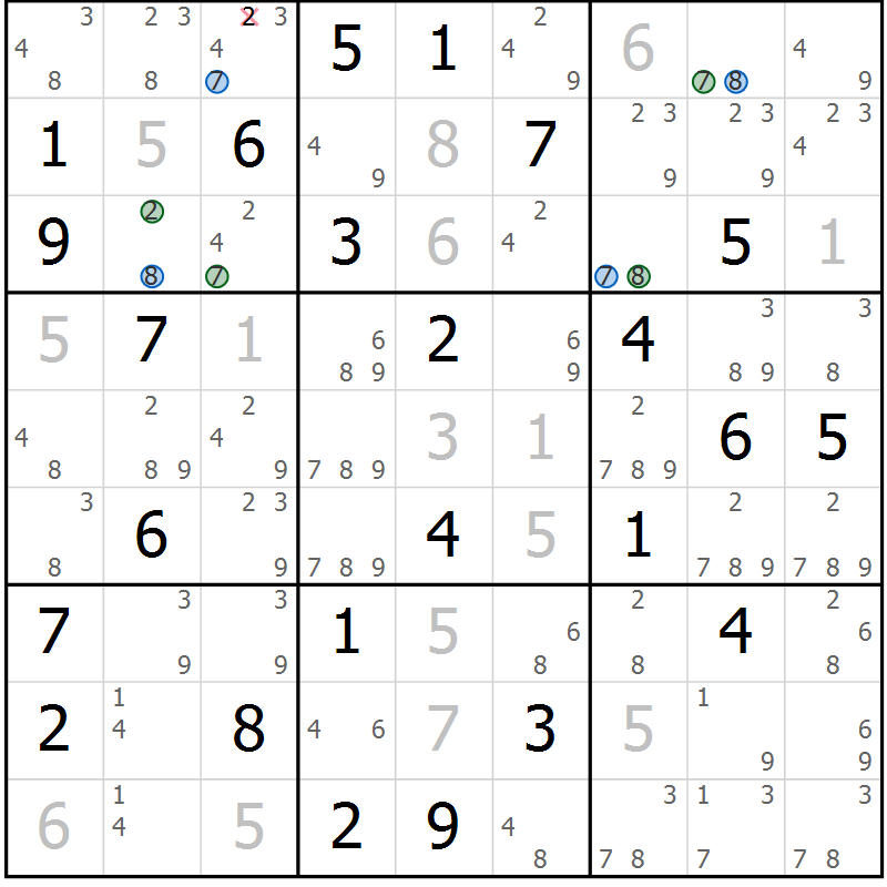 Position des candidats pour la solution de la Gr 58 page 61 du magazine de sudoku Suprême n° 031