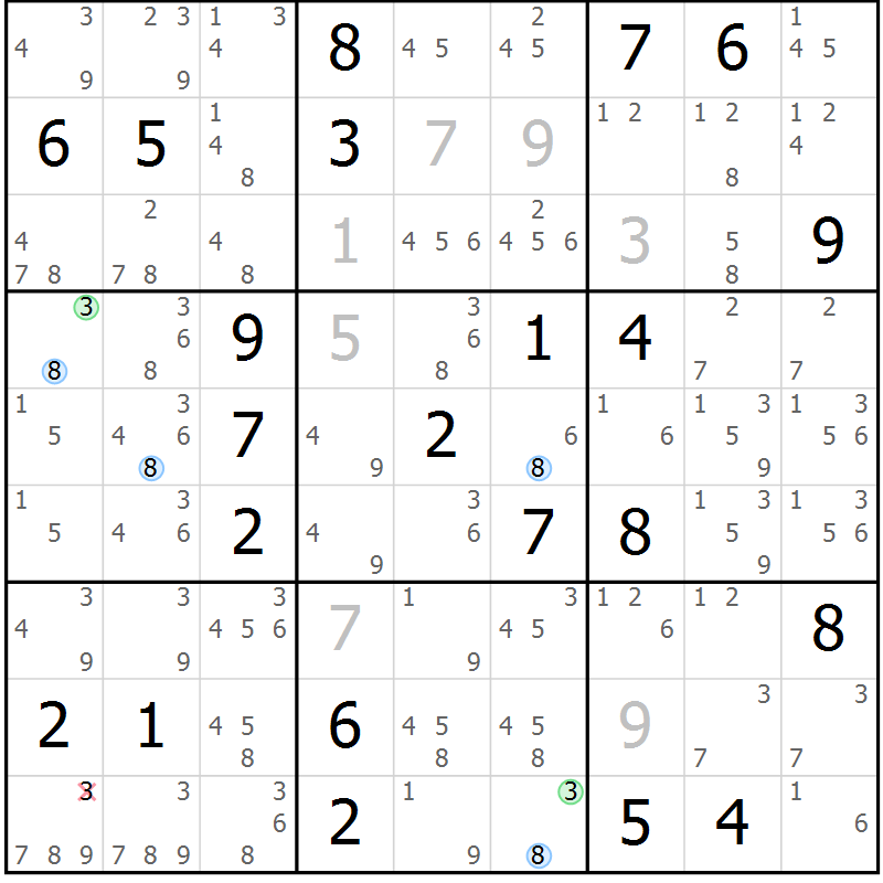 Position des candidats pour la solution de la Gr 6 page 9 du magazine de sudoku Suprême n° 031