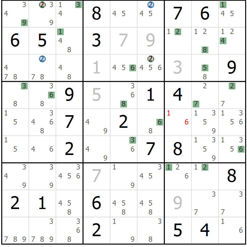 Position des candidats pour la solution de la Gr 6 page 9 du magazine de sudoku Suprême n° 031