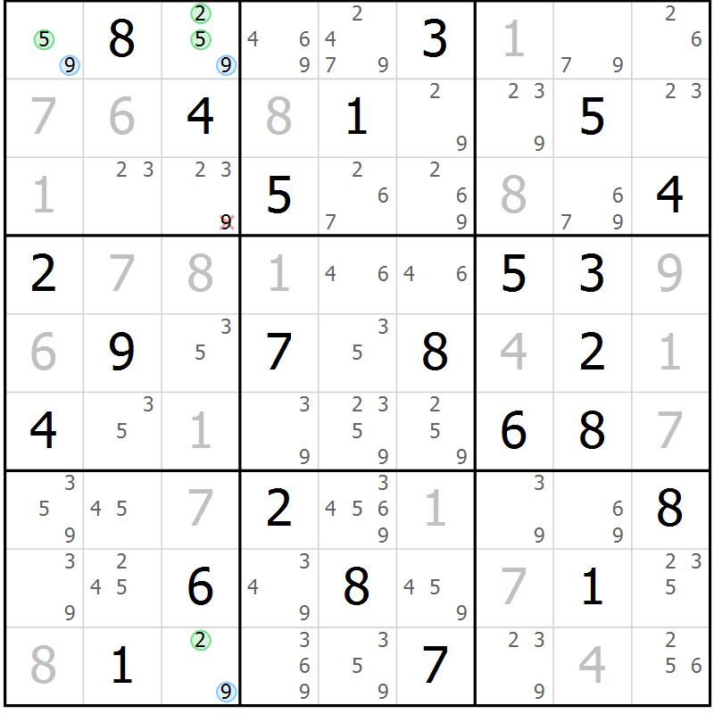 Position des candidats pour la solution de la Gr 60 page 63 du magazine de sudoku Suprême n° 031