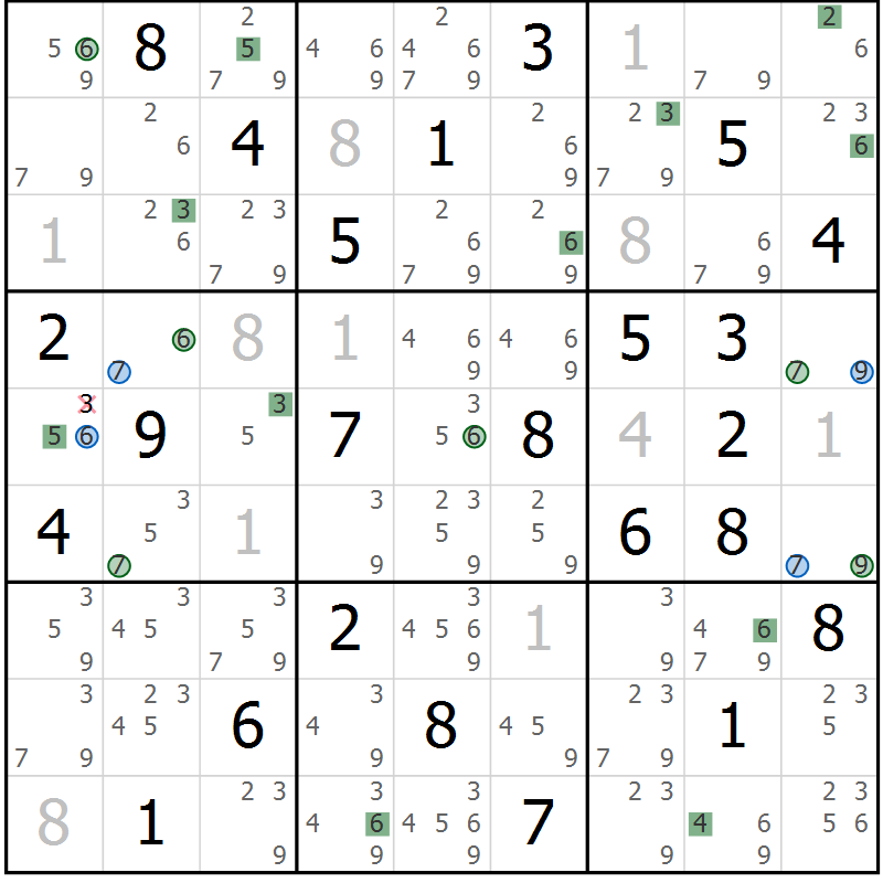 Position des candidats pour la solution de la Gr 60 page 63 du magazine de sudoku Suprême n° 031