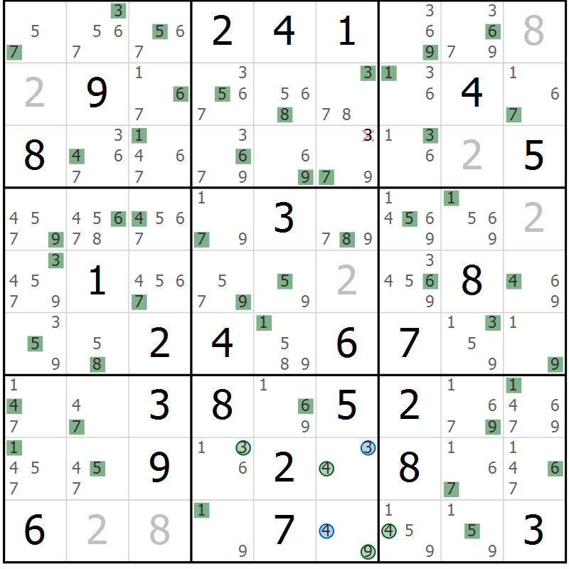 Position des candidats pour la solution de la Gr 64 page 67 du magazine de sudoku Suprême n° 031