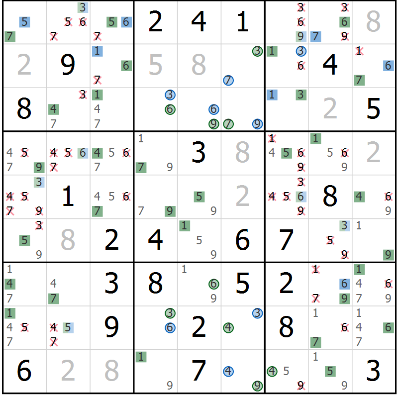 Position des candidats pour la solution de la Gr 64 page 67 du magazine de sudoku Suprême n° 031