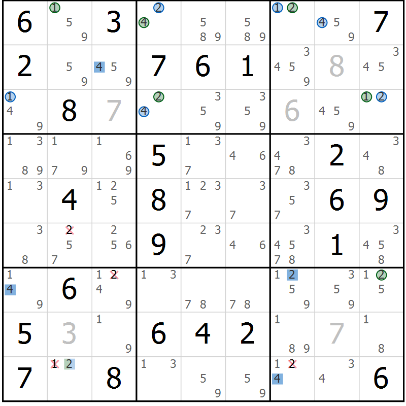Position des candidats pour la solution de la Gr 67 page 70 du magazine de sudoku Suprême n° 031