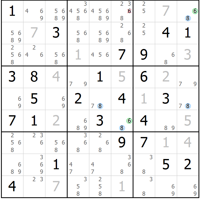 Position des candidats pour la solution de la Gr 69 page 72 du magazine de sudoku Suprême n° 031