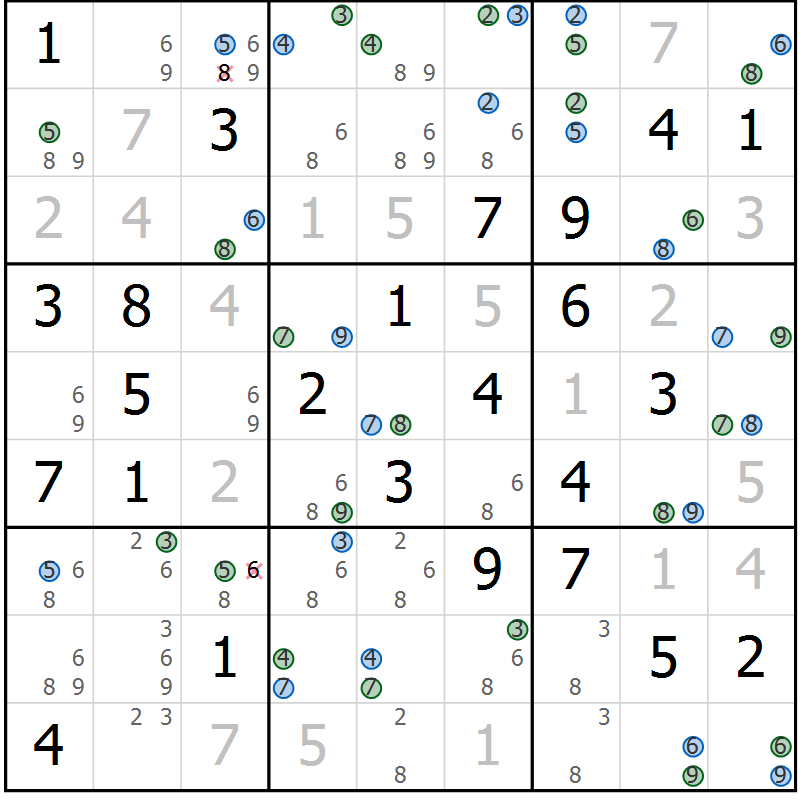 Position des candidats pour la solution de la Gr 69 page 72 du magazine de sudoku Suprême n° 031