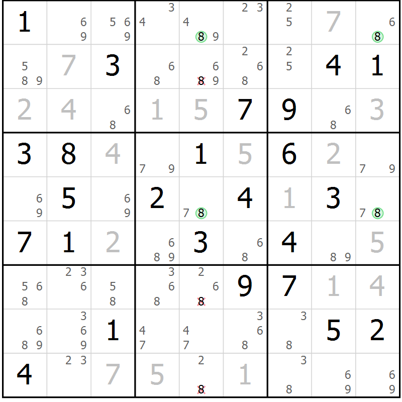 Position des candidats pour la solution de la Gr 69 page 72 du magazine de sudoku Suprême n° 031