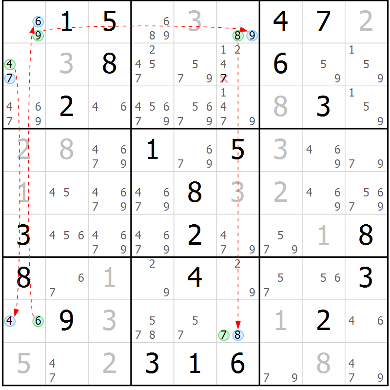 Position des candidats pour la solution de la Gr 7 page 10 du magazine de sudoku Suprême n° 031