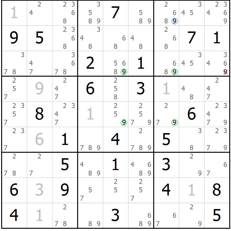 Position des candidats pour la solution de la Gr 70 page 73 du magazine de sudoku Suprême n° 031