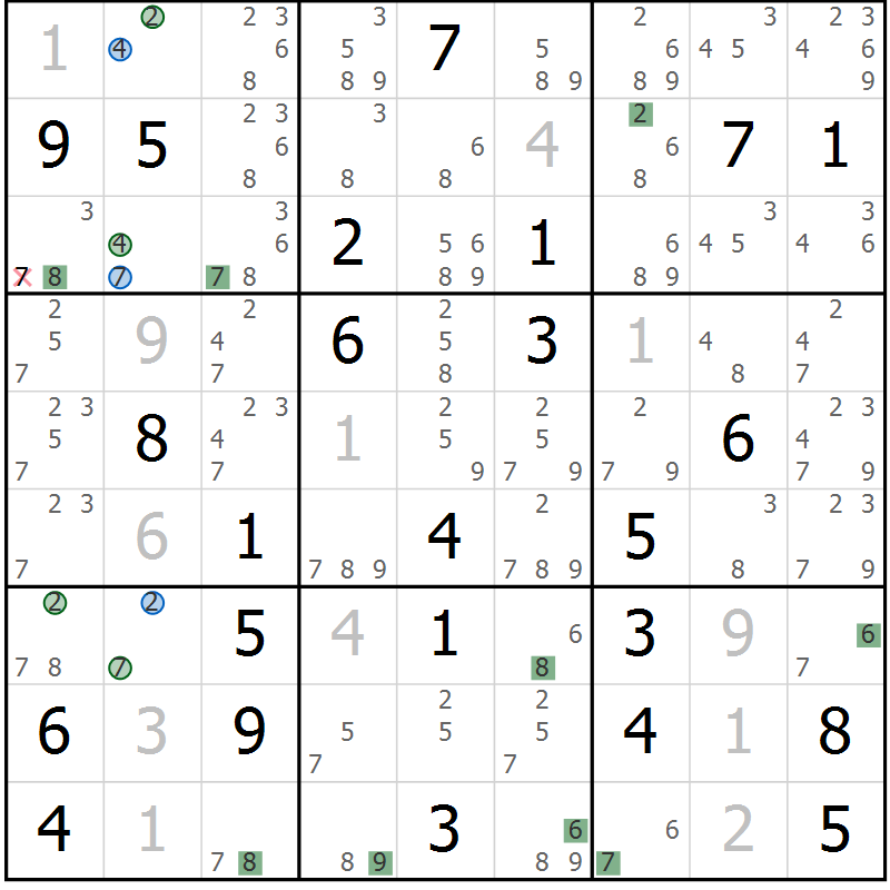 Position des candidats pour la solution de la Gr 70 page 73 du magazine de sudoku Suprême n° 031