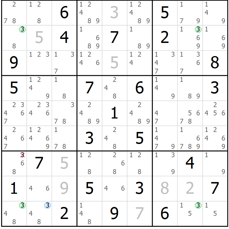 Position des candidats pour la solution de la Gr 72 page 75 du magazine de sudoku Suprême n° 031