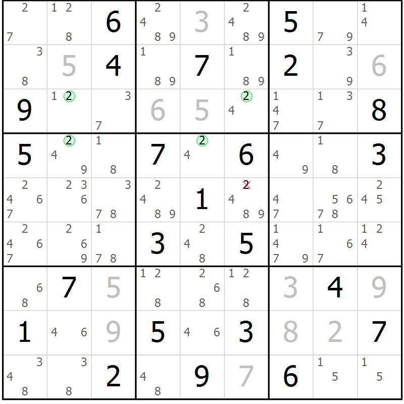 Position des candidats pour la solution de la Gr 72 page 75 du magazine de sudoku Suprême n° 031