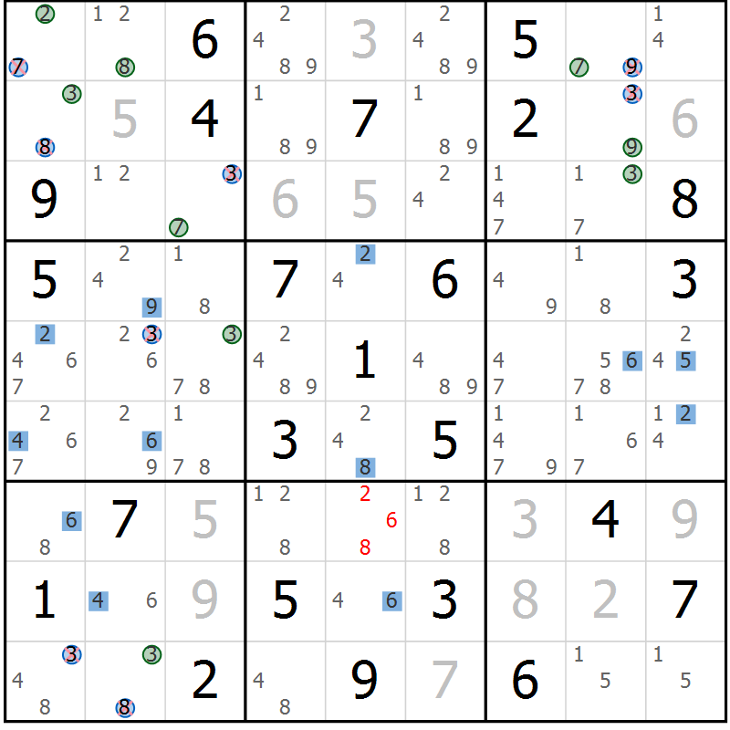 Position des candidats pour la solution de la Gr 72 page 75 du magazine de sudoku Suprême n° 031