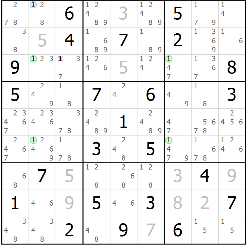 Position des candidats pour la solution de la Gr 72 page 75 du magazine de sudoku Suprême n° 031