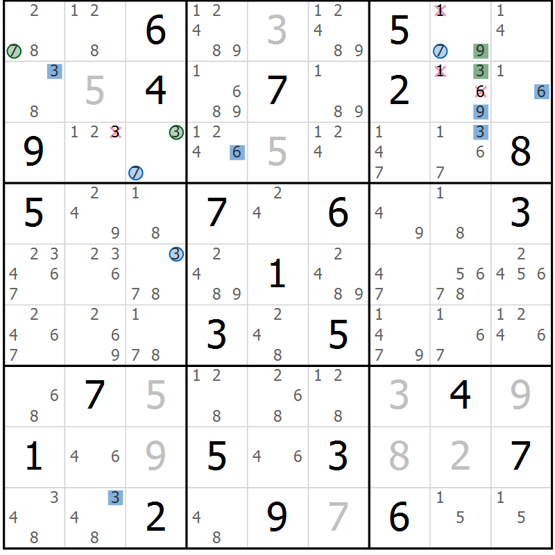 Position des candidats pour la solution de la Gr 72 page 75 du magazine de sudoku Suprême n° 031