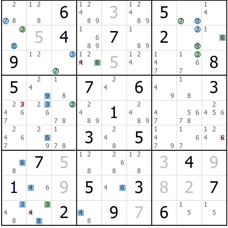 Position des candidats pour la solution de la Gr 72 page 75 du magazine de sudoku Suprême n° 031