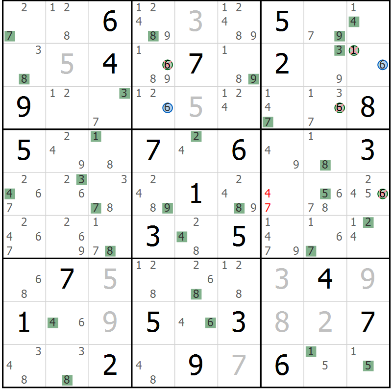 Position des candidats pour la solution de la Gr 72 page 75 du magazine de sudoku Suprême n° 031