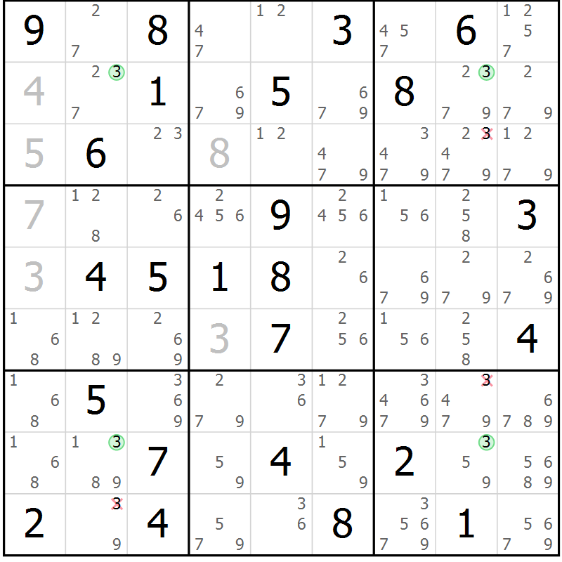 Position des candidats pour la solution de la Gr 74 page 77 du magazine de sudoku Suprême n° 031